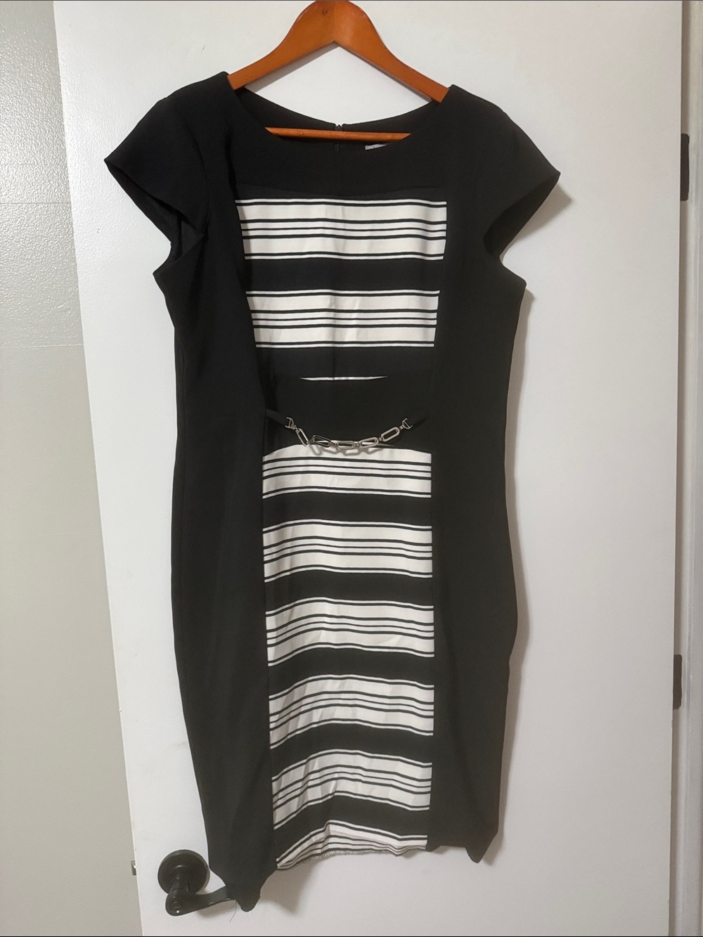 Danny & Nicole Black Dress with White Striped Panel and Chain Accent